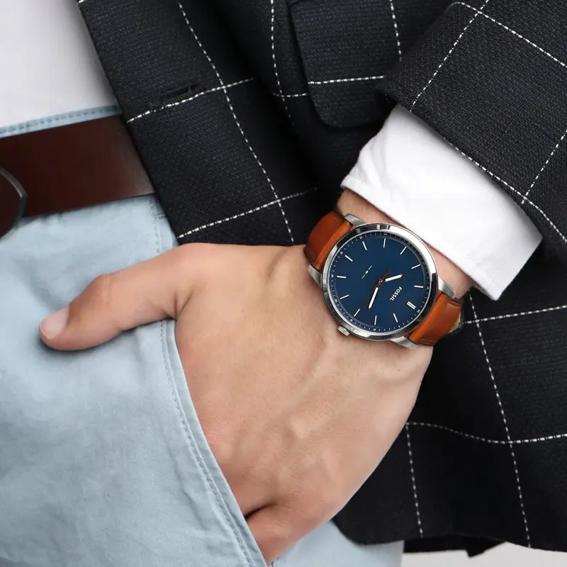 Fossil Minimalist Blue Dial Brown Leather Men's Watch- FS5304